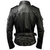 Black Biker Stand-up Collar Genuine Sheepskin Leather Jacket For Men
